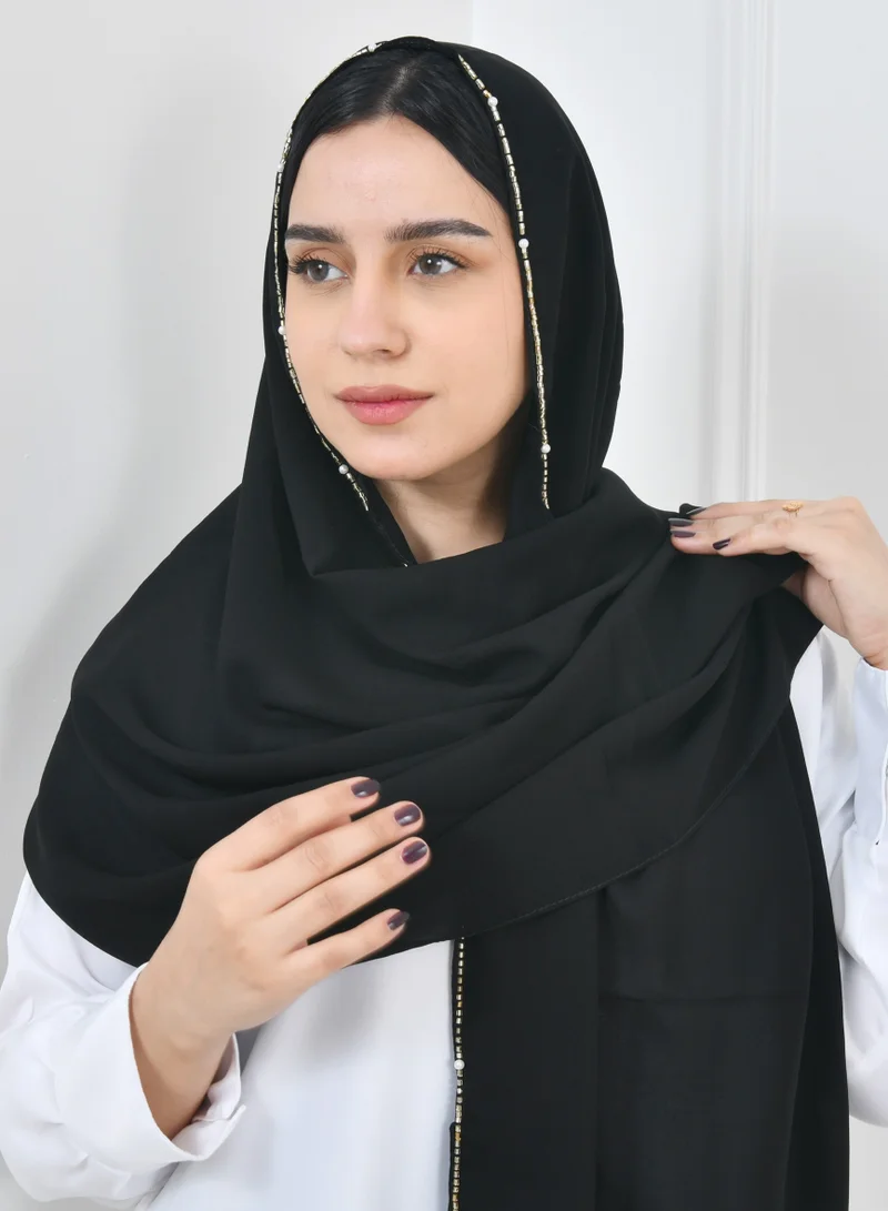 عبايات حوراء طرحه حرير سوداء بحافة مزينة بشك ابيض مع اللؤلؤ