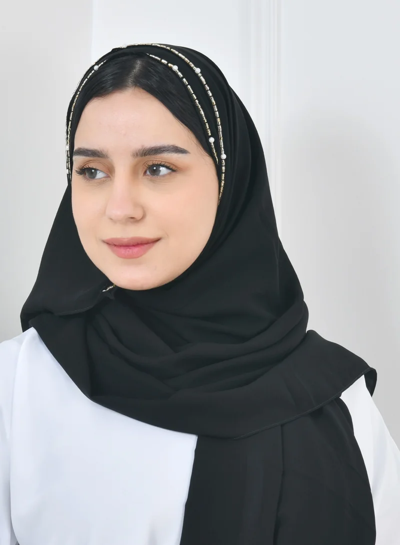 عبايات حوراء طرحه حرير سوداء بحافة مزينة بشك ابيض مع اللؤلؤ