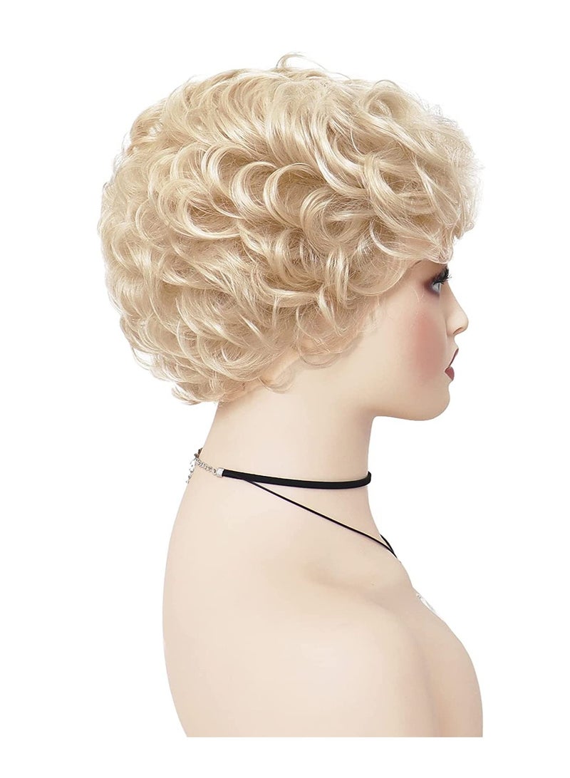 SOLARAE Golden Curly Wigs with Bangs for Women Natural Looking Pixie Cut Heat Resistant Synthetic Costume Party Old Lady Cosplay Replacement Hair Wig - Image 5