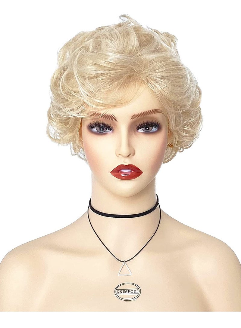 SOLARAE Golden Curly Wigs with Bangs for Women Natural Looking Pixie Cut Heat Resistant Synthetic Costume Party Old Lady Cosplay Replacement Hair Wig - Image 1
