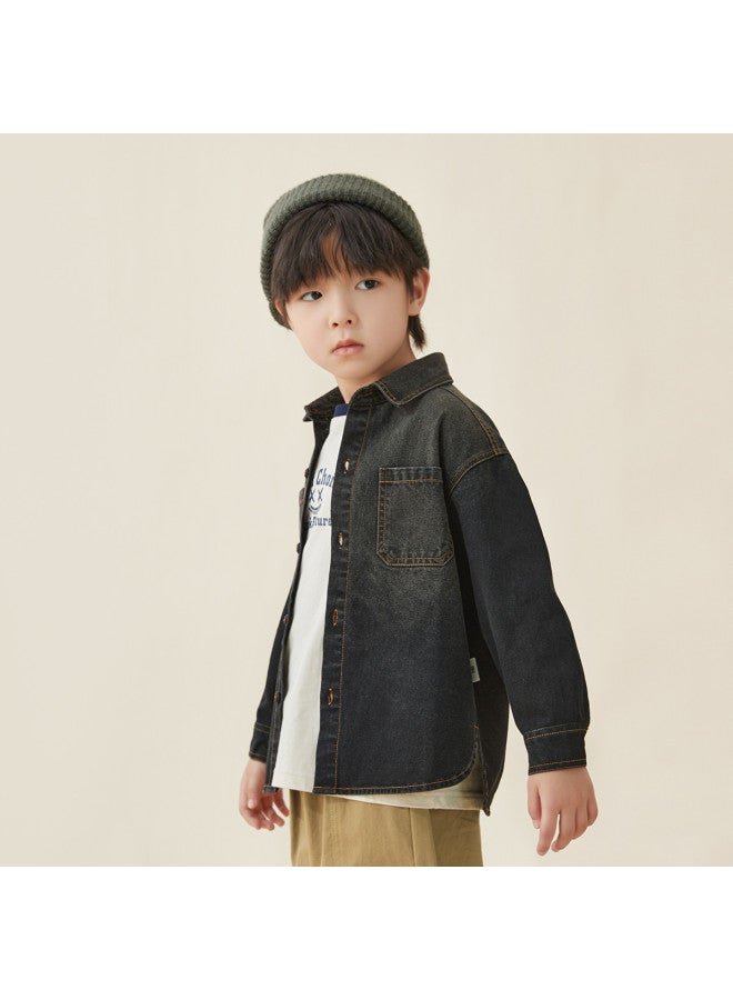 BOY S Shirt, Children's 2025 Spring/autumn Washed Gradient Denim Jacket, Comfortable Casual Long-sleeve Shirt For Older Kids - Image 4