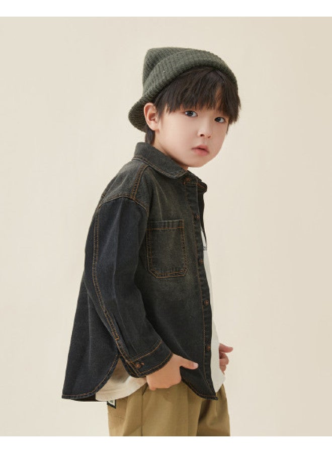 BOY S Shirt, Children's 2025 Spring/autumn Washed Gradient Denim Jacket, Comfortable Casual Long-sleeve Shirt For Older Kids - Image 1