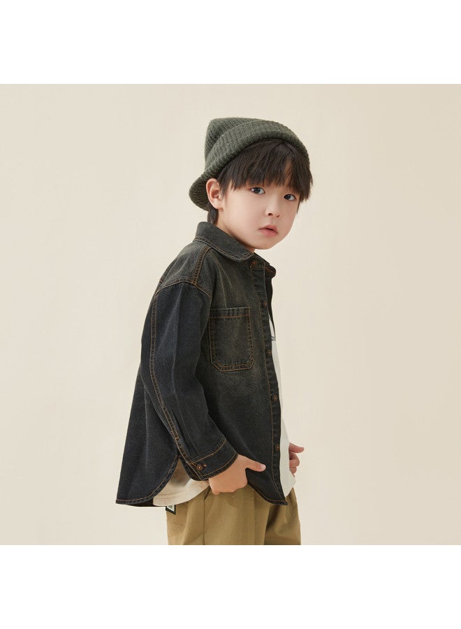 BOY S Shirt, Children's 2025 Spring/autumn Washed Gradient Denim Jacket, Comfortable Casual Long-sleeve Shirt For Older Kids - Image 2