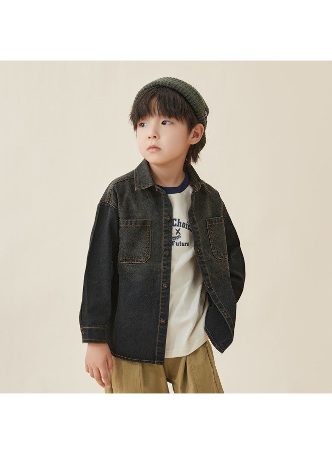 BOY S Shirt, Children's 2025 Spring/autumn Washed Gradient Denim Jacket, Comfortable Casual Long-sleeve Shirt For Older Kids - Image 5