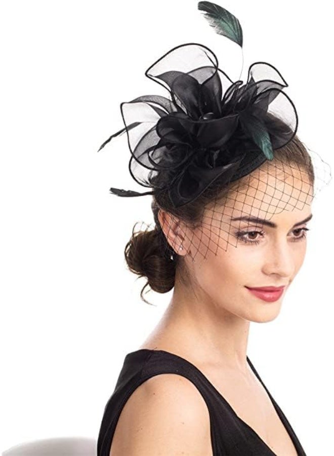 Fascinator for Women Hair Clip Hat Bowler Feather Flower Veil Wedding Party Hat Tea Hat  - Image 1