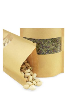 Generic 50 Pcs Self Sealing Sealable Packaging Paper Bags 12*20cm Waterproof Transparent Window Brown Stand Up Zipper Pouches Can Reusable for Food Tea Coffee bags Beans Nuts Seeds Dried Fruits Pouch  - Image 1