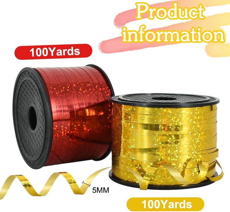 BEISHIDA 2 Pack 100 Yards Red Gold Ribbon Curling Crimped Glitter Balloon String Shiny Metallic for Gift Wrapping Birthday 2026 Graduation Lunar New Year Christmas Party Decorations - Image 2