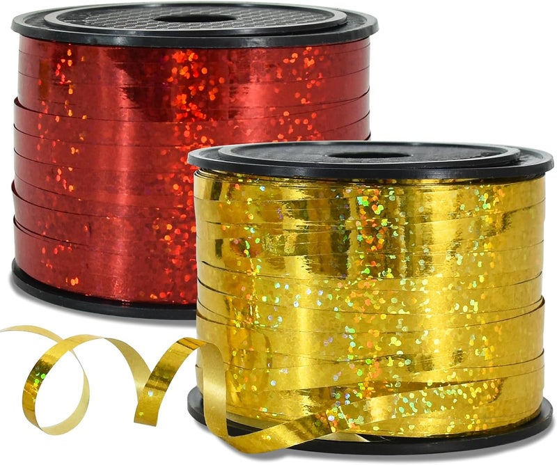 BEISHIDA 2 Pack 100 Yards Red Gold Ribbon Curling Crimped Glitter Balloon String Shiny Metallic for Gift Wrapping Birthday 2026 Graduation Lunar New Year Christmas Party Decorations - Image 1