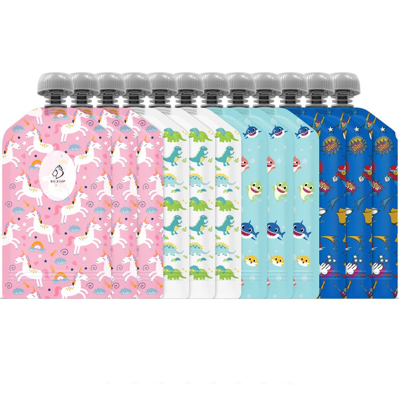 BUZIO Reusable Food Pouches, 12 Packs 5oz Toddlers Food Storage Pouch, Double Zipper Squeeze Pouches Freezer Safe for Kids DIY Homemade Organic Puree - Image 1