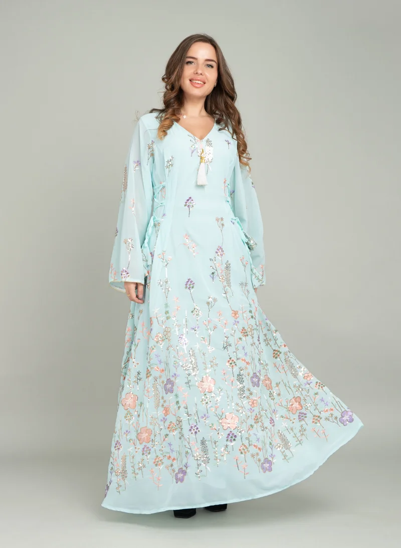IKKXA Elegant Floral Embroidered Jalabiya CJ1036 Blue
