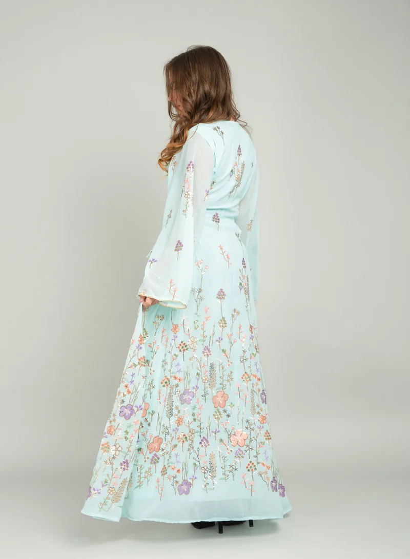 IKKXA Elegant Floral Embroidered Jalabiya CJ1036 Blue