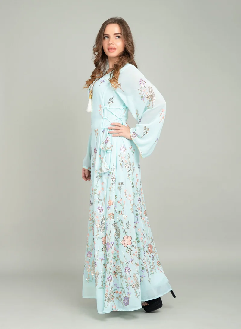 IKKXA Elegant Floral Embroidered Jalabiya CJ1036 Blue