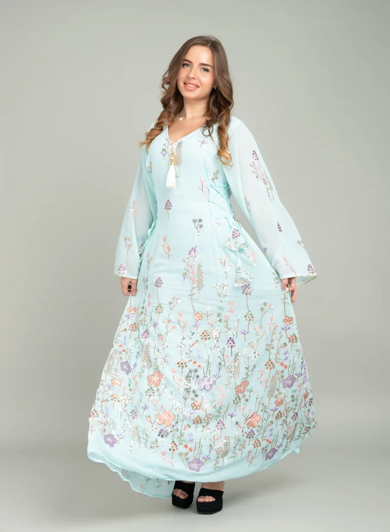 IKKXA Elegant Floral Embroidered Jalabiya CJ1036 Blue