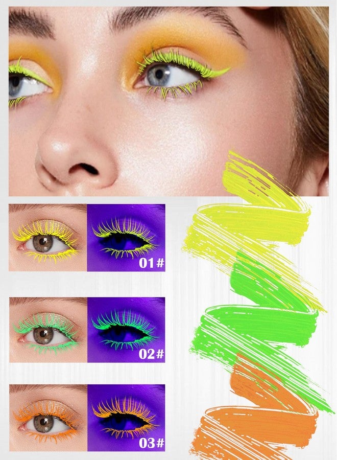 LYSdefeu UV Glow Colored Mascara Volume and Length-3 Pcs Yellow Green Orange Longlasting Waterproof Mascara for Eyelashes, Fast Dry Curling Rimel de pestañas,for Women Halloween Party, Stage,Clubbing Makeup - Image 2