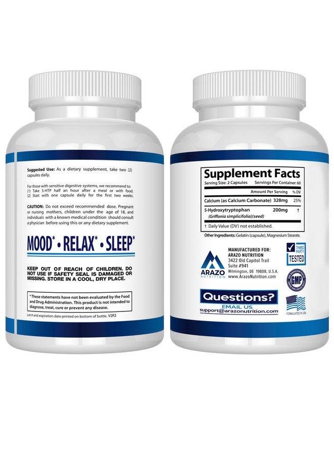 Arazo Nutrition 5-HTP 200 MG Plus Calcium for Mood, Sleep - Supports Calm and Relaxed Mood - 99% High Purity - 120 Capsules - Arazo Nutrition - Image 3