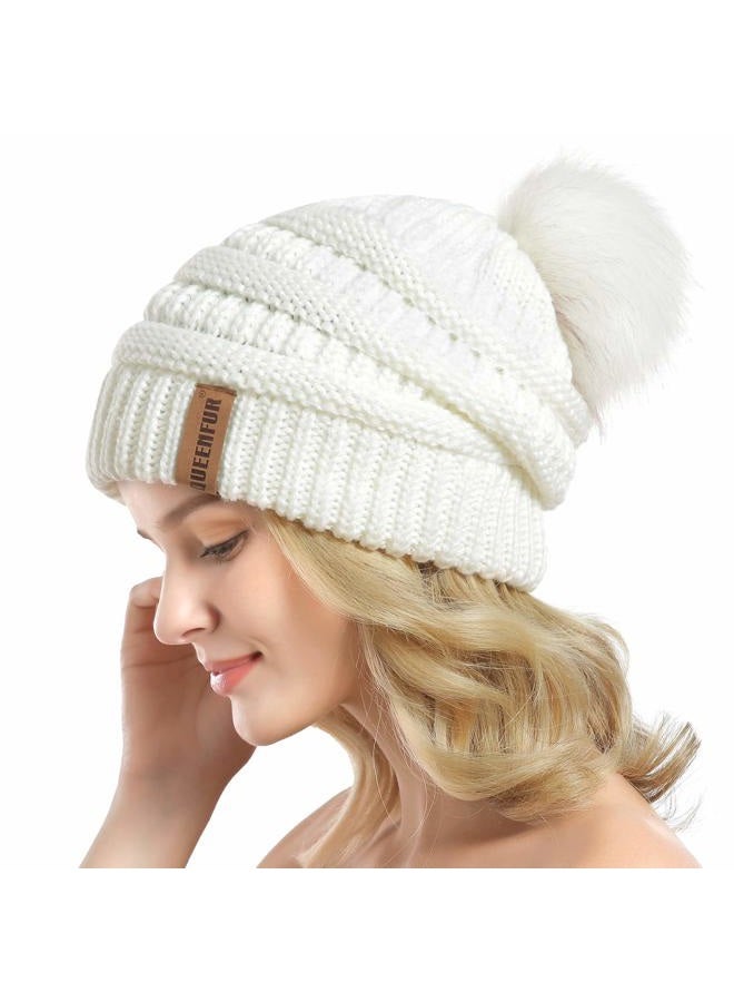 QUEENFUR Women Knit Slouchy Beanie Chunky Baggy Hat with Faux Fur Pompom Winter Soft Warm Ski Cap, A4-white, L - Image 3