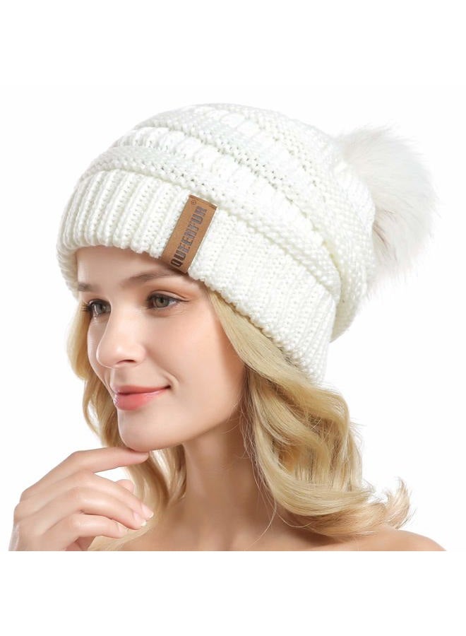 QUEENFUR Women Knit Slouchy Beanie Chunky Baggy Hat with Faux Fur Pompom Winter Soft Warm Ski Cap, A4-white, L - Image 2