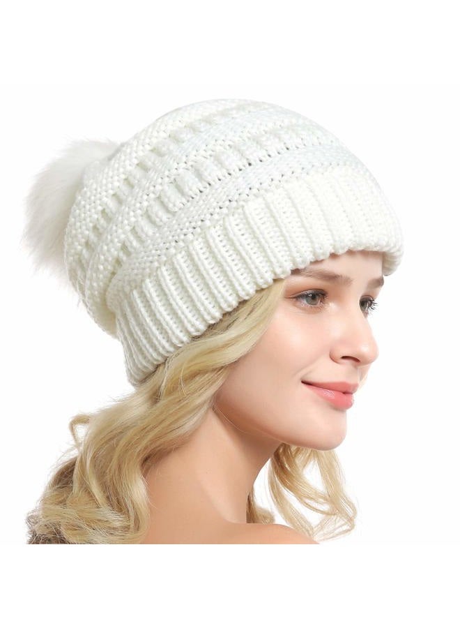 QUEENFUR Women Knit Slouchy Beanie Chunky Baggy Hat with Faux Fur Pompom Winter Soft Warm Ski Cap, A4-white, L - Image 4