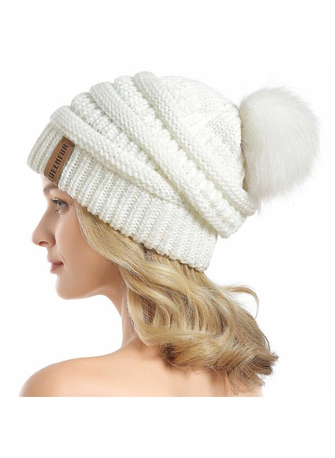 QUEENFUR Women Knit Slouchy Beanie Chunky Baggy Hat with Faux Fur Pompom Winter Soft Warm Ski Cap, A4-white, L - Image 1