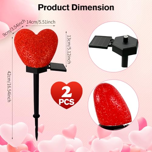 LAIAMER Valentines Day Solar Heart Lights Outdoor, 2Pcs Waterproof Solar Valentines Day Decorations Red Heart Nano-Lights Outside Valentine Lights for Yard Cemetery Grave Garden Walkway - Image 3