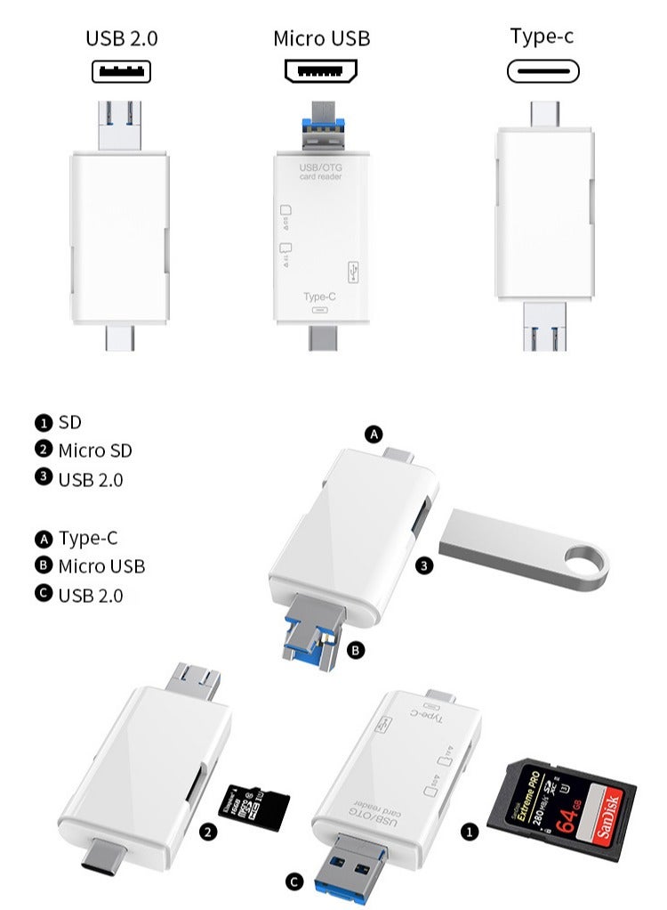 SD Card Reader USB C 6-in-1 OTG Storage Adapter Connector USB 2.0 USB C Micro USB Support SD/MicroSD/SDXC/SDHC/MMC/RS-MMC/UHS-I Compatible with Mobile Phones Laptops etc.  - Image 1