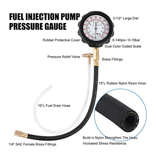 JIFETOR Fuel Injection Pump Pressure Tester Gauge Kit, Car Gasoline Gas Fuel Oil Injector Test Manometer Tool Set 0-140PSI, Universal for Auto Truck SUV Motorcycle ATV RV - Image 4