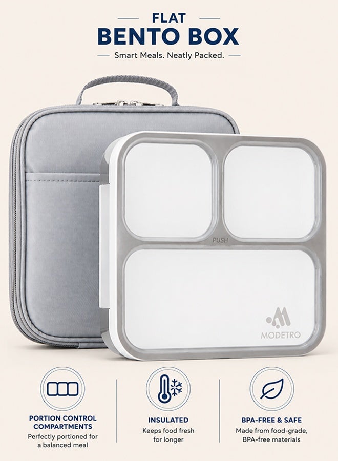 Modetro Leak Proof Bento Lunch Box with Insulated Carry Bag, 3 Compartment Food Storage Container, Ultra Slim Portable Lunch Box for Work & School, Microwave Safe - Image 1