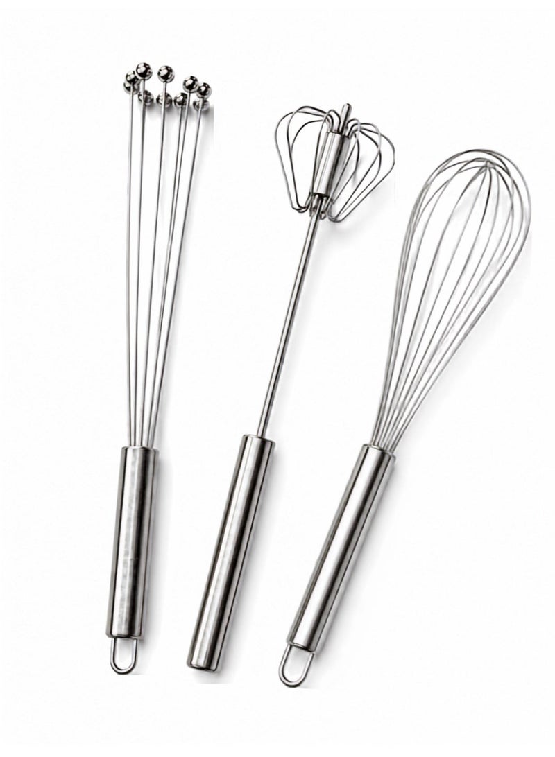 3-Piece Stainless Steel Whisk Set – Balloon Whisk, Ball Whisk & Rotary Egg Beater – Heavy Duty Kitchen Whisks for Baking, Cooking, Cream, Eggs & Batter Mixing – Dishwasher Safe - Image 1