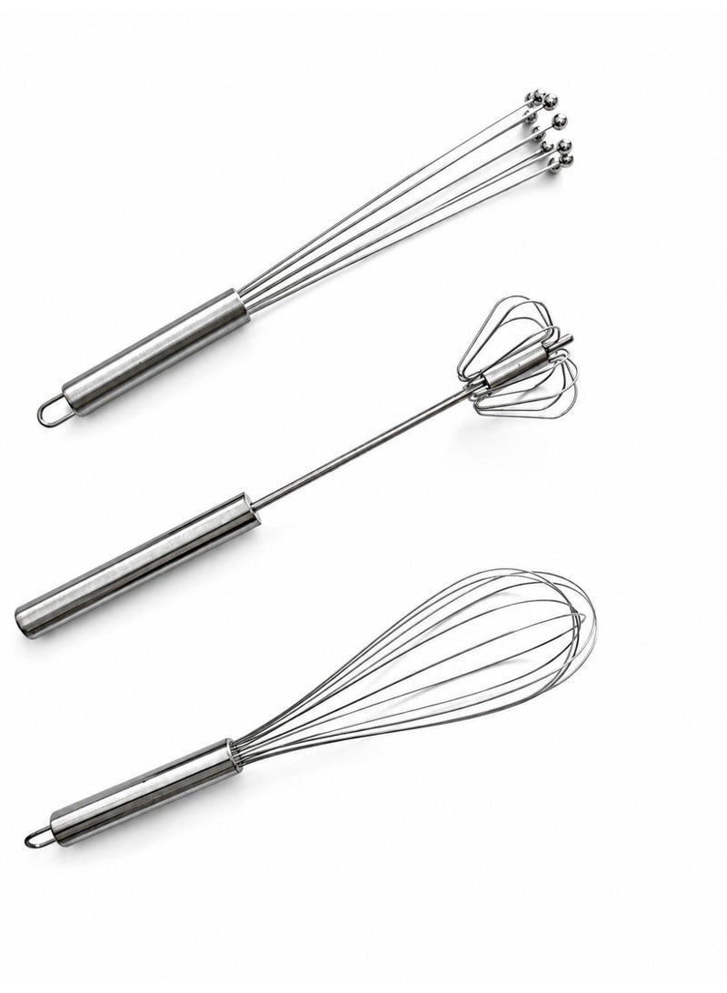 3-Piece Stainless Steel Whisk Set – Balloon Whisk, Ball Whisk & Rotary Egg Beater – Heavy Duty Kitchen Whisks for Baking, Cooking, Cream, Eggs & Batter Mixing – Dishwasher Safe - Image 3