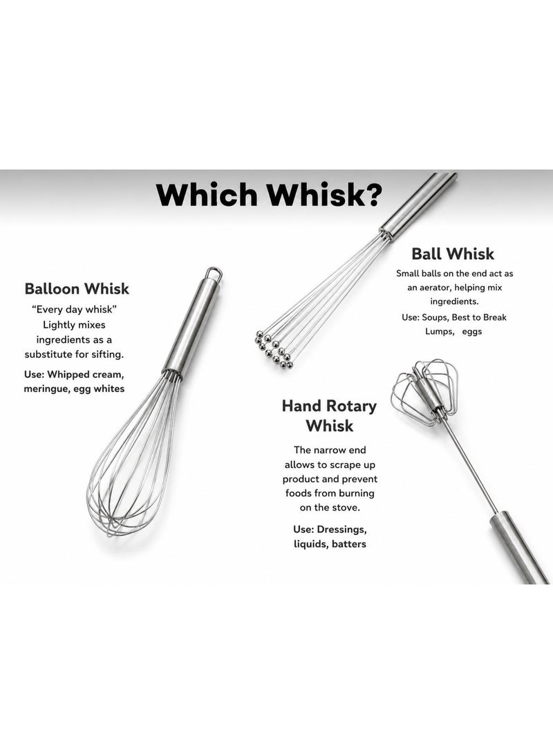 3-Piece Stainless Steel Whisk Set – Balloon Whisk, Ball Whisk & Rotary Egg Beater – Heavy Duty Kitchen Whisks for Baking, Cooking, Cream, Eggs & Batter Mixing – Dishwasher Safe - Image 2