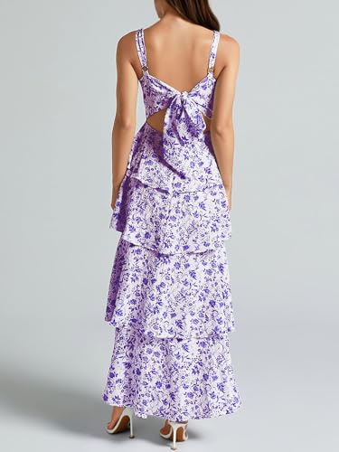 Fisoew Womens Floral Maxi Dresses Spaghetti Strap Casual Sleeveless Ruffle Flowy Tiered Dress Violet - Image 3