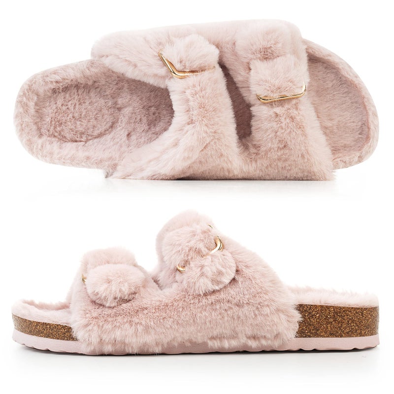 FITORY Womens Open Toe Slipper with Cozy Lining,Faux Rabbit Fur Cork Slide Sandals Pink Size 9 - Image 4
