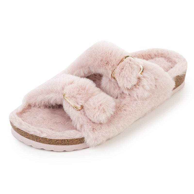 FITORY Womens Open Toe Slipper with Cozy Lining,Faux Rabbit Fur Cork Slide Sandals Pink Size 9 - Image 3