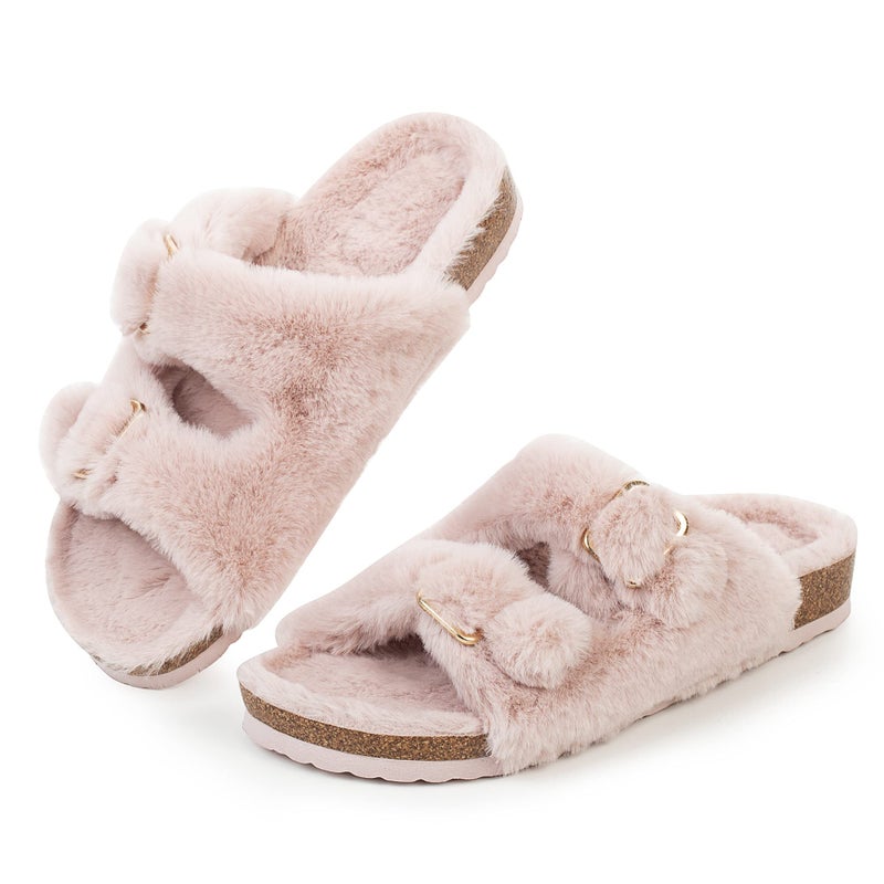 FITORY Womens Open Toe Slipper with Cozy Lining,Faux Rabbit Fur Cork Slide Sandals Pink Size 9 - Image 1