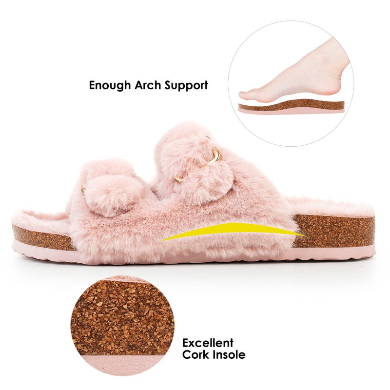 FITORY Womens Open Toe Slipper with Cozy Lining,Faux Rabbit Fur Cork Slide Sandals Pink Size 9 - Image 2