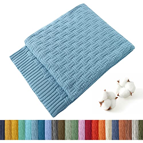 TREELY 100 Cotton Knitted Throw Blanket Couch Cover Blanket50 x 60 Inches Teal Blue