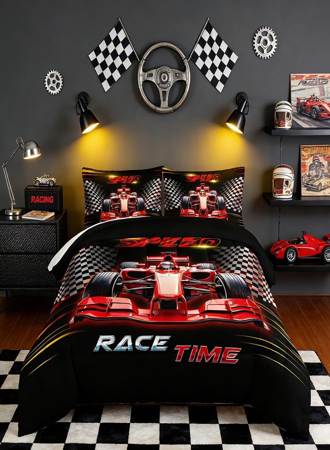 UEVBF Red Race Car Bedding Comforter Set Twin Size,Black White Checkered Racing Flag Comforter Set,Race Car Room Decor for Kids Boys,Cool Sports Themed Bedding Sets with 2 Pillowcases. - Image 1