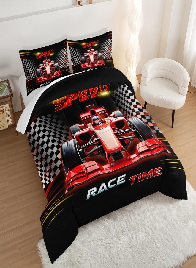 UEVBF Red Race Car Bedding Comforter Set Twin Size,Black White Checkered Racing Flag Comforter Set,Race Car Room Decor for Kids Boys,Cool Sports Themed Bedding Sets with 2 Pillowcases. - Image 2