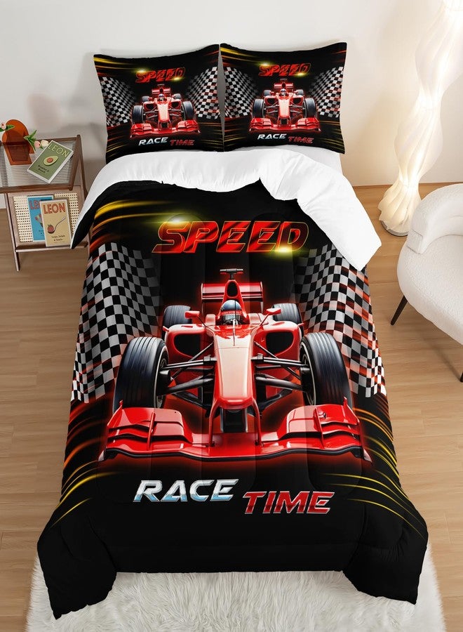 UEVBF Red Race Car Bedding Comforter Set Twin Size,Black White Checkered Racing Flag Comforter Set,Race Car Room Decor for Kids Boys,Cool Sports Themed Bedding Sets with 2 Pillowcases. - Image 3