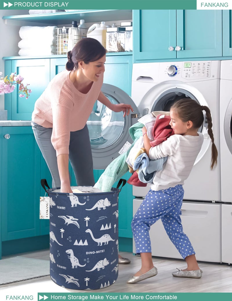 FANKANG Storage Basket, Nursery Hamper Canvas Laundry Basket Foldable with Waterproof PE Coating Large Storage Baskets for Kids Boys and Girls, Office, Bedroom, Clothes,Toys(Blue dinosaur) - Image 5