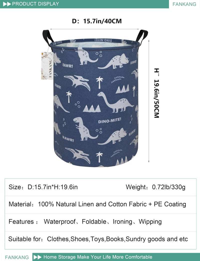 FANKANG Storage Basket, Nursery Hamper Canvas Laundry Basket Foldable with Waterproof PE Coating Large Storage Baskets for Kids Boys and Girls, Office, Bedroom, Clothes,Toys(Blue dinosaur) - Image 2