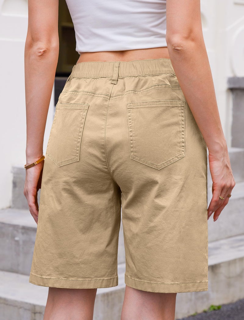 Eddoyee Bermuda Shorts for Women Cotton Long Knee Length Stretchy High Waisted Casual Chino Shorts with Pockets Relaxed Fit(Khaki, Large) - Image 2