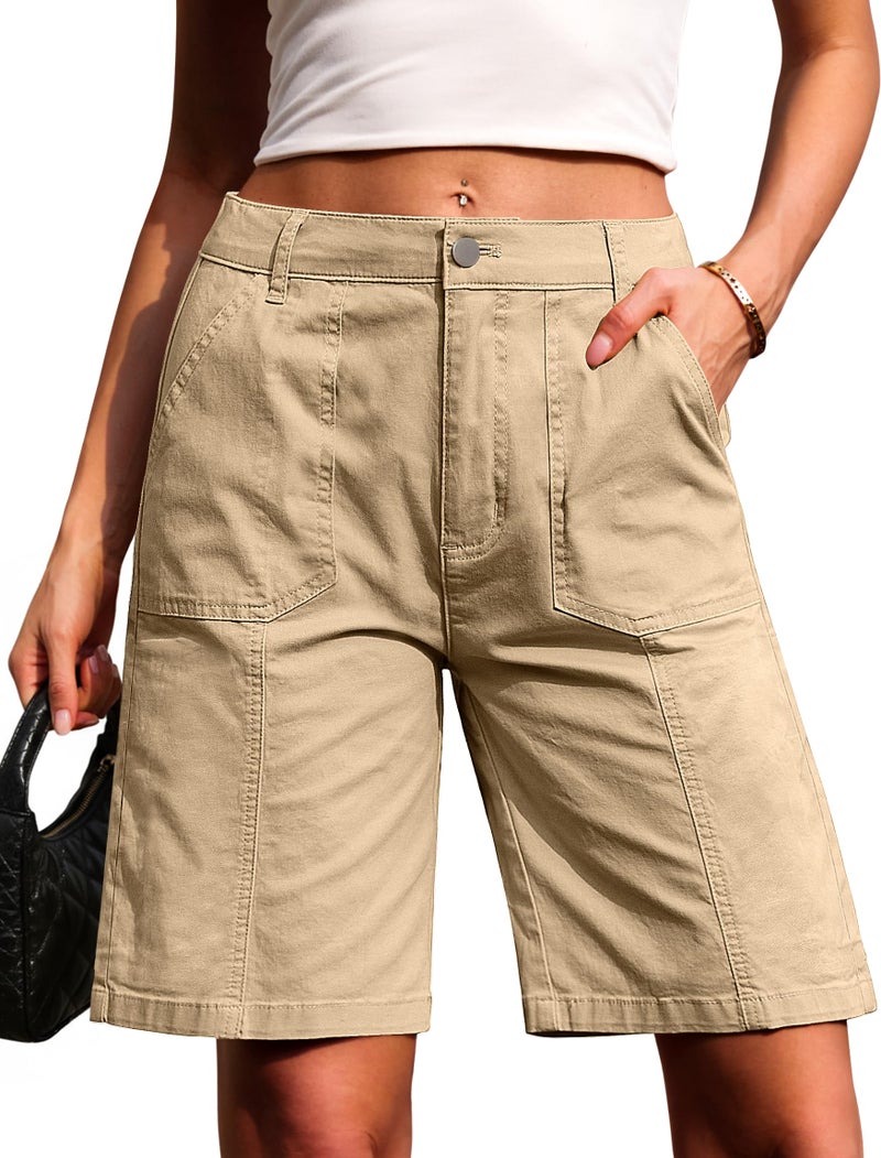 Eddoyee Bermuda Shorts for Women Cotton Long Knee Length Stretchy High Waisted Casual Chino Shorts with Pockets Relaxed Fit(Khaki, Large) - Image 1