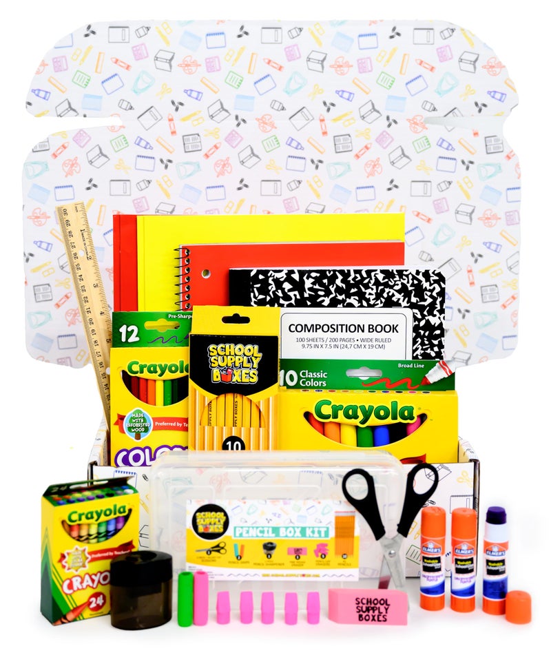 School Supply Boxes Back to School Supply Box Grades K-5 - School Supply Boxes - 32 Piece School Supplies Kit Includes Markers, Crayons, Pencils, Scissors, Folders, Glue Sticks, Notebook, and Composition Book - Image 1