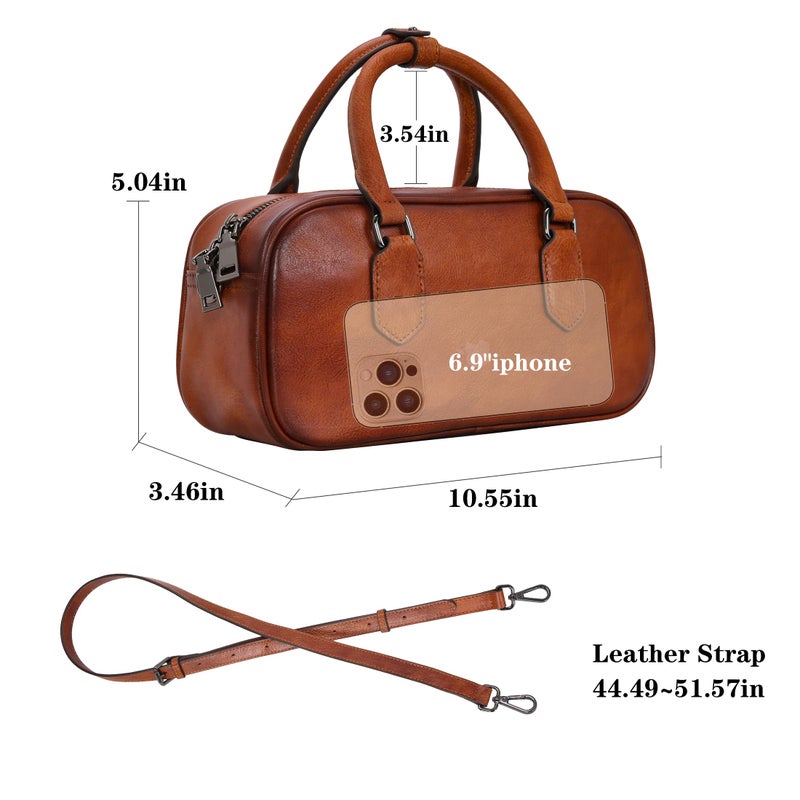 HESHE Genuine Leather Crossbody Bags for Women Boston Vintage Top Handle Purses for Ladies Barrel Satchel Handbags with Adjustable Shoulder Strap (Brown) - Image 4
