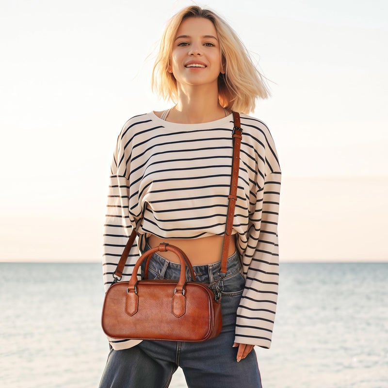 HESHE Genuine Leather Crossbody Bags for Women Boston Vintage Top Handle Purses for Ladies Barrel Satchel Handbags with Adjustable Shoulder Strap (Brown) - Image 2