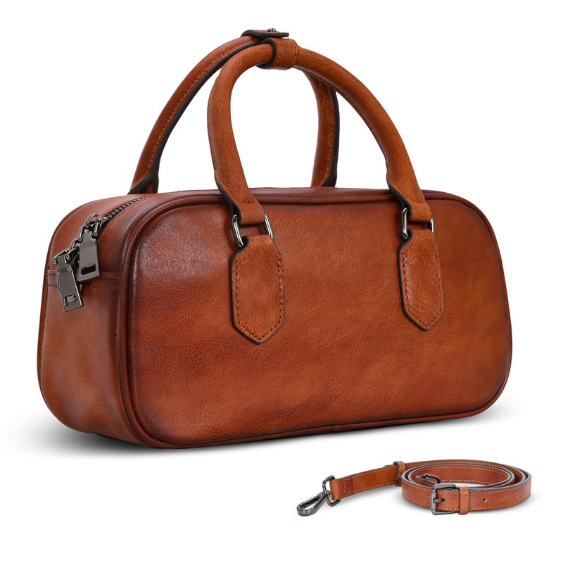HESHE Genuine Leather Crossbody Bags for Women Boston Vintage Top Handle Purses for Ladies Barrel Satchel Handbags with Adjustable Shoulder Strap (Brown) - Image 1