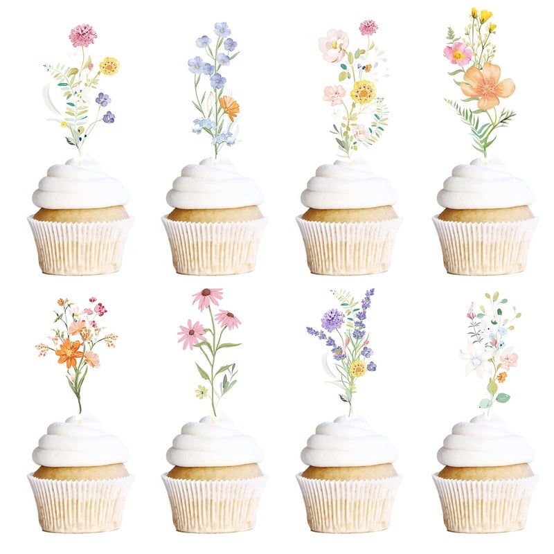Rngmsi Flower Birthday Cupcake Toppers Decorations 40PCS Wildflower Baby in Bloom Baby Shower Cake Decorations for Girls Women Garden Floral Fairy Party Decor - Image 2