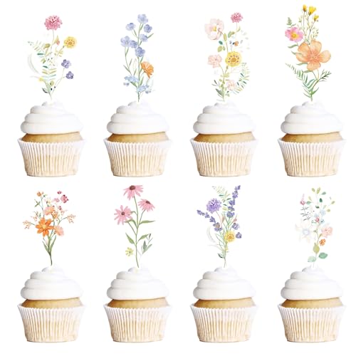 Rngmsi Flower Birthday Cupcake Toppers Decorations 40PCS Wildflower Baby in Bloom Baby Shower Cake Decorations for Girls Women Garden Floral Fairy Party Decor - Image 1