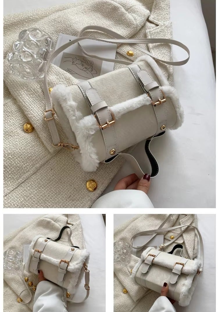 عرب شنطة كروس بودي نسائية شامواه مبطنة أنيقة – حقيبة كاجوال بحزام كتف قابل للإزالة (أبيض) - Image 3